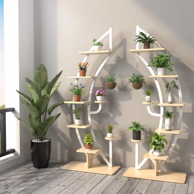 Set di 2 scaffali per piante Costway in metallo a 7 livelli, design moderno a mezza luna curva con gancio superiore, colore Bianco