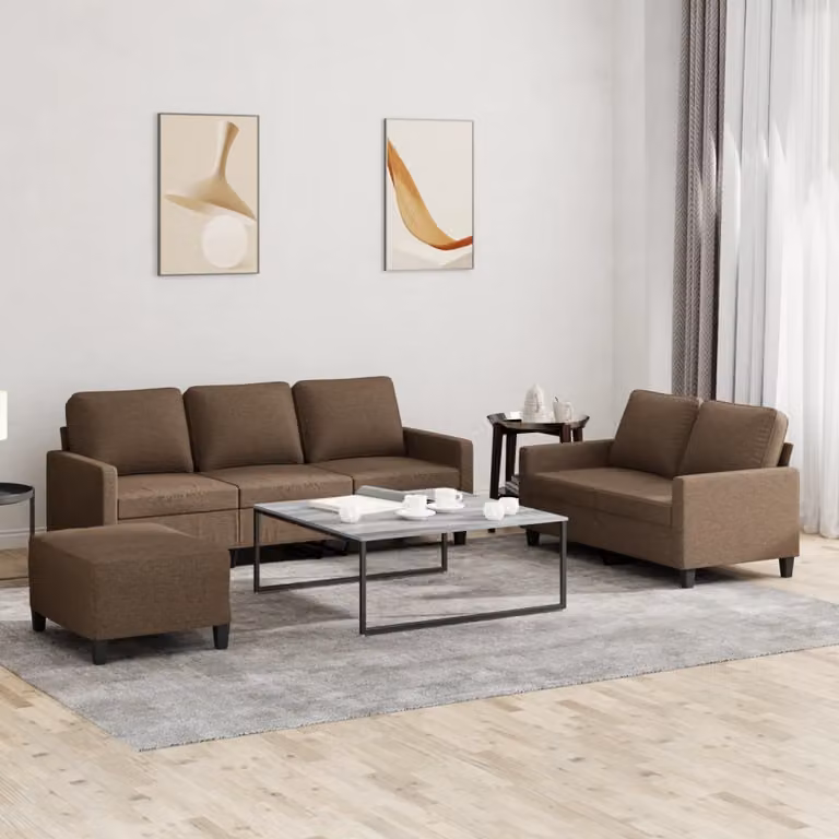 Set di divani vidaXL 3 pezzi con pouf e cuscini, moderno in tessuto marrone per il tuo soggiorno