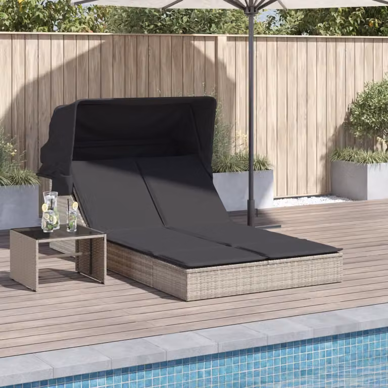 vidaXL Lettino Doppio con Baldacchino e Cuscini in Polyrattan Grigio Chiaro