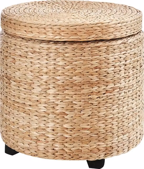 Pouf Contenitore Tondo HOMCOM in Rattan con Coperchio, Sgabello Poggiapiedi e Tavolino da Salotto in Stile Boho, Colore Beige e Multicolore, Diametro: 43 cm