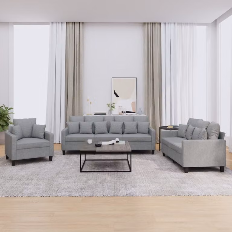 Set di divani 3 pezzi vidaXL in tessuto grigio con cuscini per soggiorno moderno
