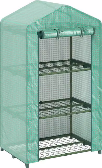 Serra da giardino Outsunny a 3 livelli con telaio in metallo e copertura in PE anti-UV, Verde, L: 69 cm, P: 49 cm, H: 125 cm