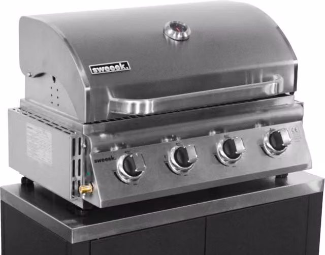 Barbecue a gas GRIMAUD in acciaio smaltato argento con 4 bruciatori, termometro e rack riscaldante