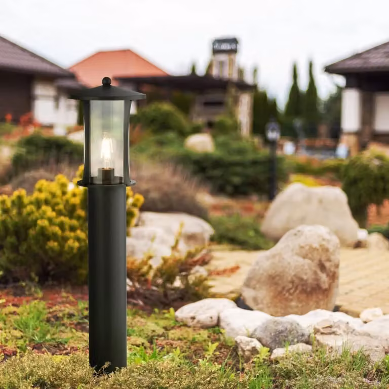 Lampione da giardino stile rustico pagoda in alluminio nero con vetro trasparente IP44 per esterno con attacco E27