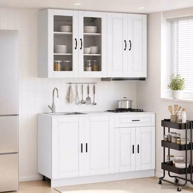 Set di mobili da cucina vidaXL PORTO composto da 4 pezzi in MDF bianco con ante in vetro e ripiani interni