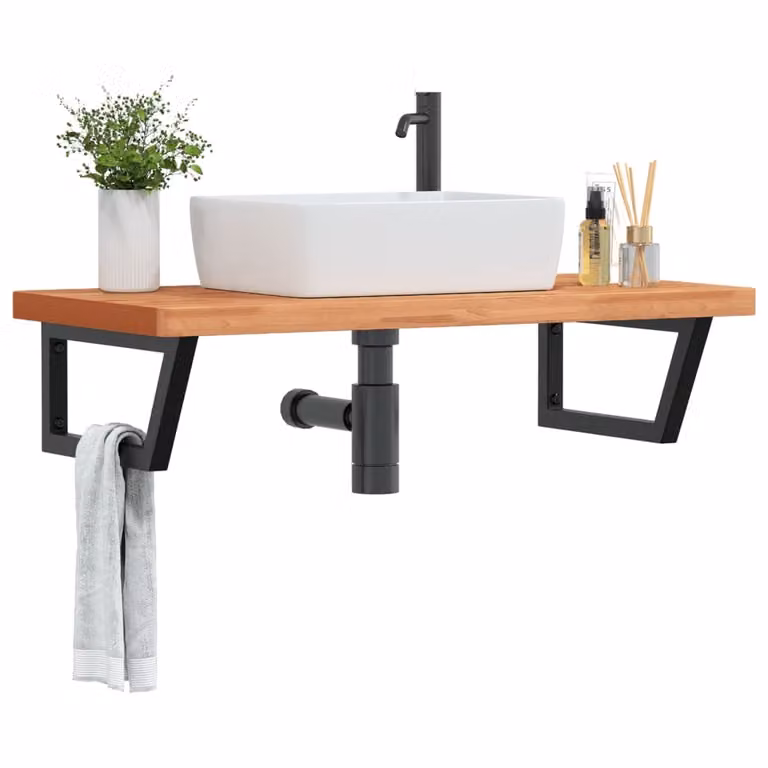 vidaXL Ripiano a Parete per Lavabo Moderno in Acciaio e Faggio Massello, Nero e Marrone