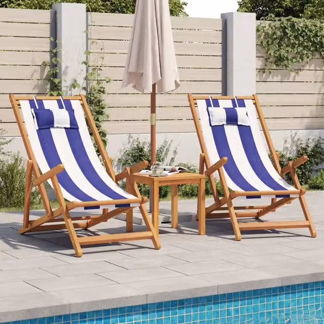 Set di 2 sedie da esterno pieghevoli a righe blu e bianche in legno oliato e tessuto per giardino e terrazzo