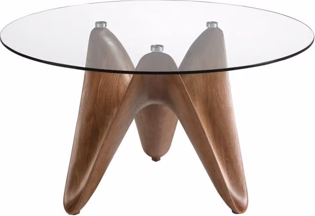 Tavolo da pranzo rotondo Angel Cerda in vetro temperato trasparente e noce con base in legno, Diametro: 140 cm, Altezza: 75 cm