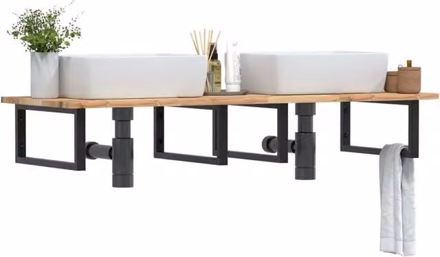 Ripiano a parete per lavabo vidaXL in acciaio nero e legno di acacia marrone