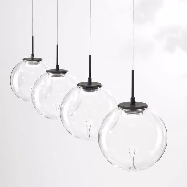 Lampada a sospensione lineare Fabas Ariel con LED dimmabile in vetro trasparente e metallo nero