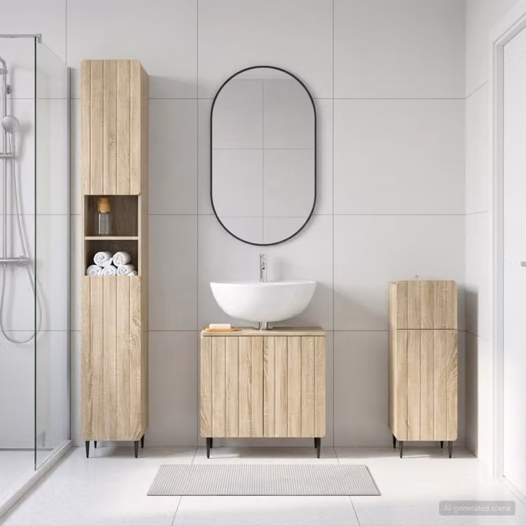 Set di armadietti da bagno 3 pezzi vidaXL ZWOLLE in Rovere Sonoma, colore marrone, con mobile sottolavabo, colonna alta e mobile laterale, L/P/H: 120 x 48,55 x 190 cm
