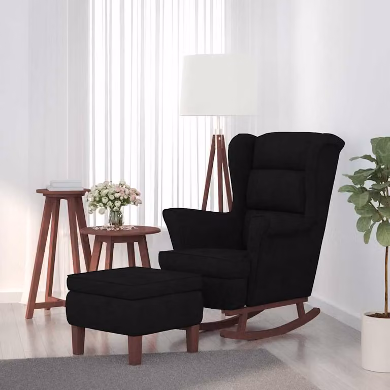 Sedia a dondolo con schienale alto in velluto nero e pouf vidaXL con struttura in legno massiccio