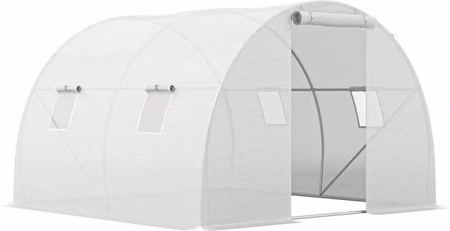Serra da giardino a tunnel Outsunny con 4 finestre e porta con zip, telaio in acciaio galvanizzato e telo PE bianco, L/P/H: 3 x 3 x 2 m