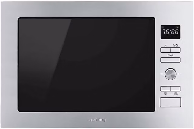 Microonde da incasso Smeg FMI425X in acciaio inox e vetro, capacità 25 l, con funzione grill da 1000 W e potenza microonde di 900 W, disponibile in nero o argento