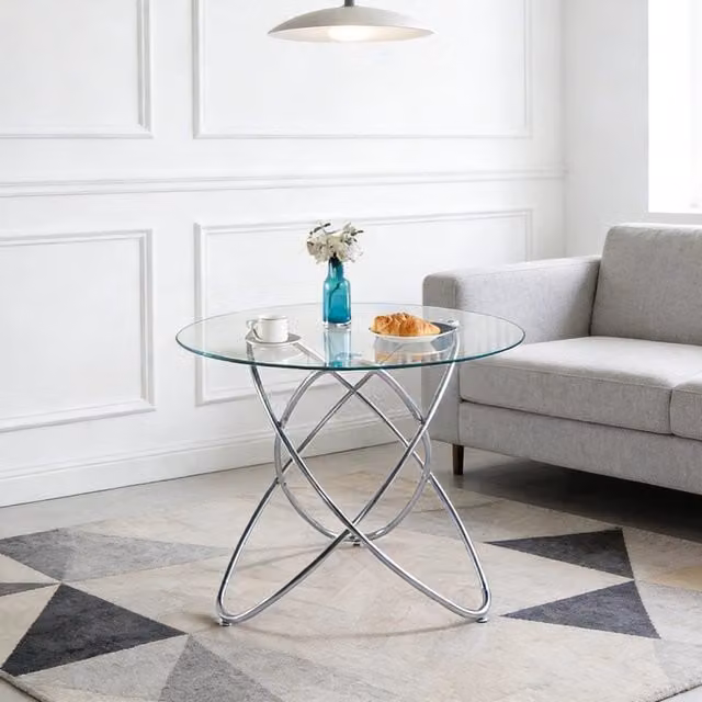 Tavolo da pranzo moderno Zephmum con piano in vetro trasparente e gambe in metallo argento L/P/H: 80 x 80 x 75 cm