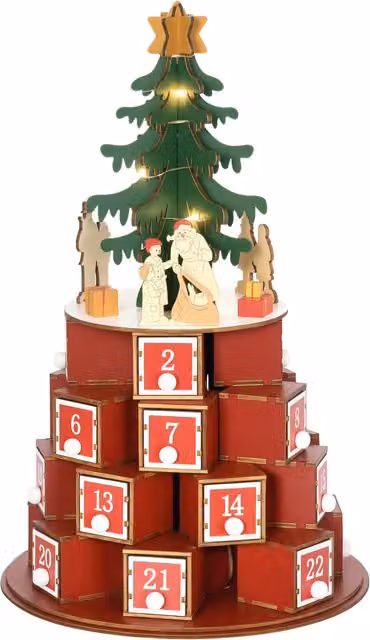 Calendario dell'Avvento di Natale a Cono HOMCOM con Motivi a Tema e 10 Luci a LED in Compensato, Colori Rosso, Verde e Giallo, L/P/H: 22 x 22 x 35 cm