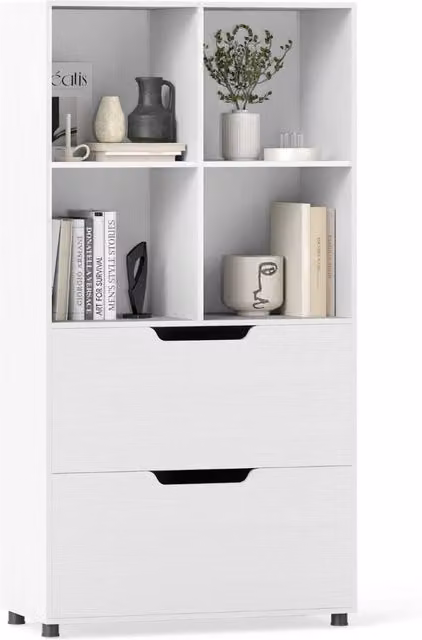 Libreria moderna Design Mania a 4 cubi con 2 cassetti e 5 ripiani, colore bianco, H: 130 cm