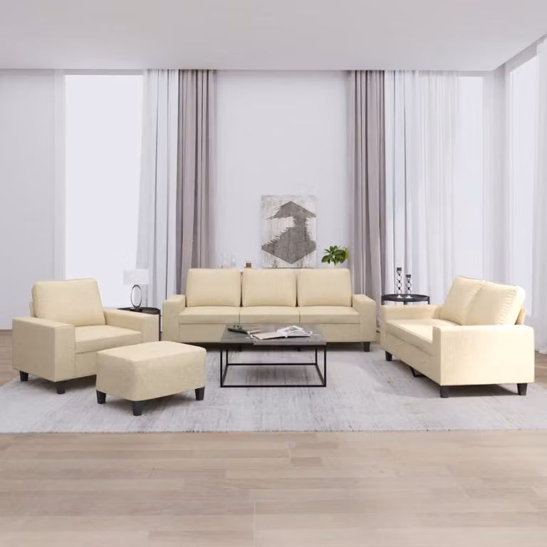 Set di divani 4 pezzi vidaXL in tessuto beige con pouf e cuscini per soggiorno moderno