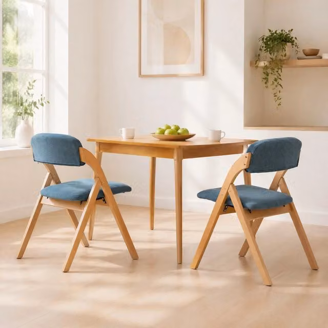 Set da 2 sedie pieghevoli imbottite OKWISH in legno massello e tessuto blu per cucina e sala da pranzo
