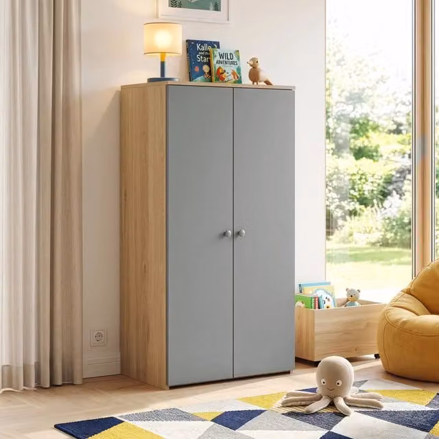 Armadio Beldinupp en.casa per cameretta a 2 ante con chiusura soft close, Effetto Rovere e Grigio, H 123 x L 60 x P 40 cm