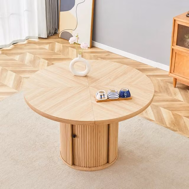 Tavolo da pranzo rotondo Mivray in MDF laminato marrone con design moderno, Diametro: 115 cm, Altezza: 74 cm