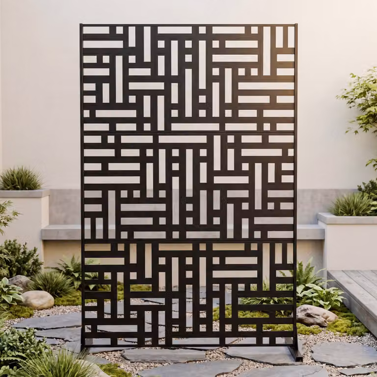 Pannello decorativo esterno Costway con motivi traforati, frangivista divisorio per giardino e balcone in acciaio galvanizzato, colore nero, L 121 cm x P 40 cm x H 183 cm