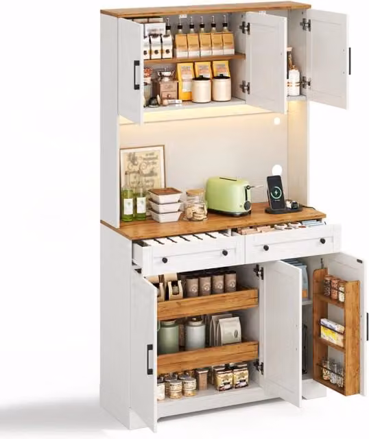 Colonna cucina Chicfurn moderna con 2 cassetti estraibili, ripiani e luce LED, disponibile in bianco o beige, L/P/H: 100 x 40 x 180 cm