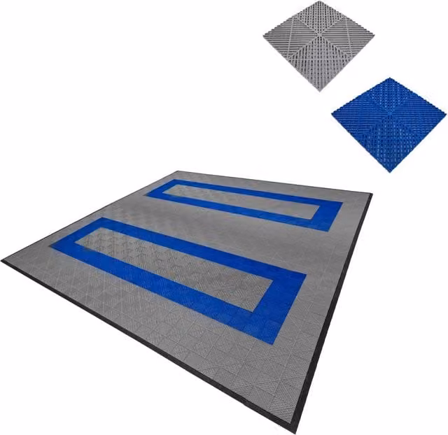 Piastrelle ventilate antiscivolo in plastica MONSTER SHOP grigie e blu per garage e officine