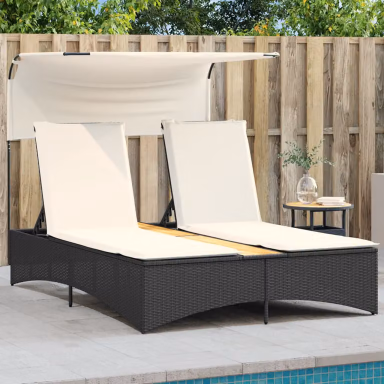 vidaXL Lettino Prendisole Doppio con Baldacchino e Cuscini in Polyrattan Nero