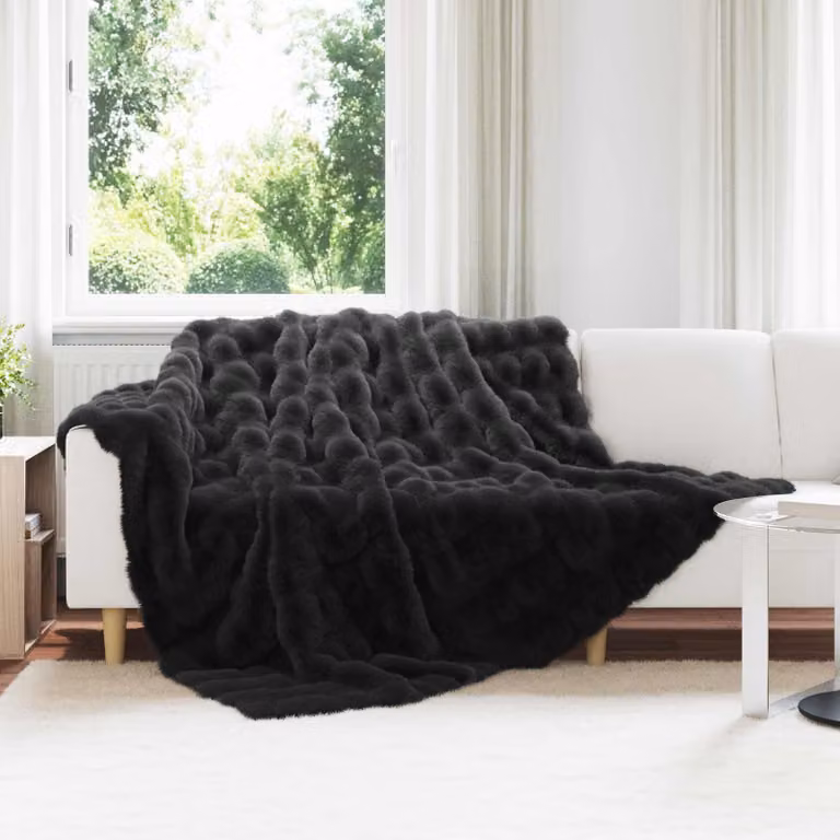 Set di 4 coperte antiscivolo vidaXL Olite in finta pelliccia di coniglio nera, L/P: 270 x 240 cm