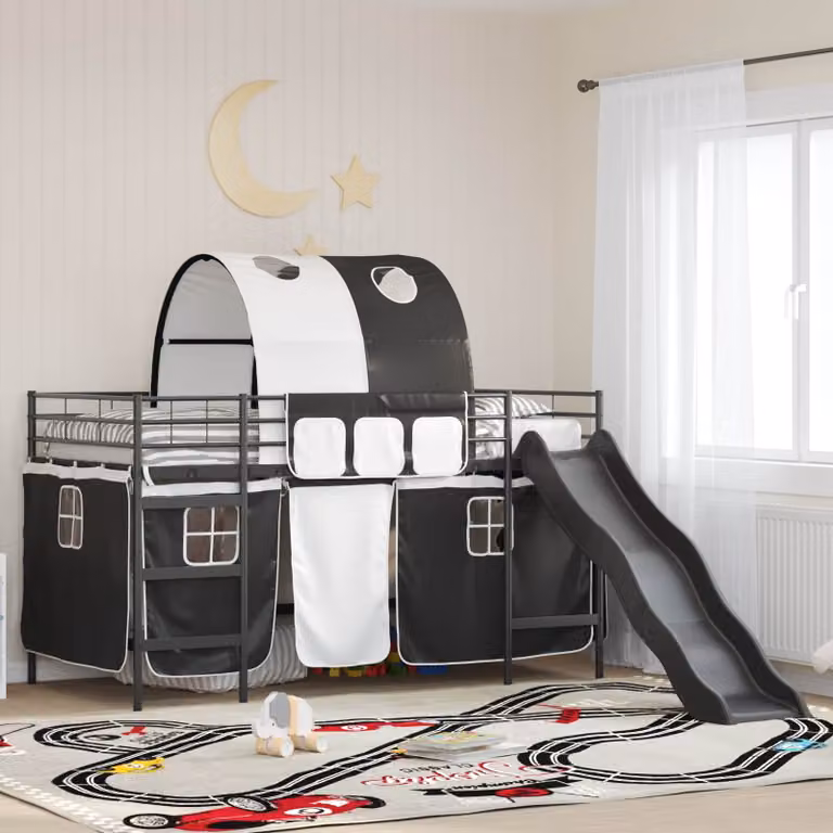 Letto a castello singolo rialzato vidaXL per bambini con struttura a casetta e scala in metallo Nero L: 205 cm, P: 112 cm, H: 116 cm