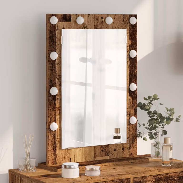 Specchio da vanità rettangolare vidaXL con luce LED in legno vecchio marrone L: 70 cm, P: 50 cm, H: 18 cm
