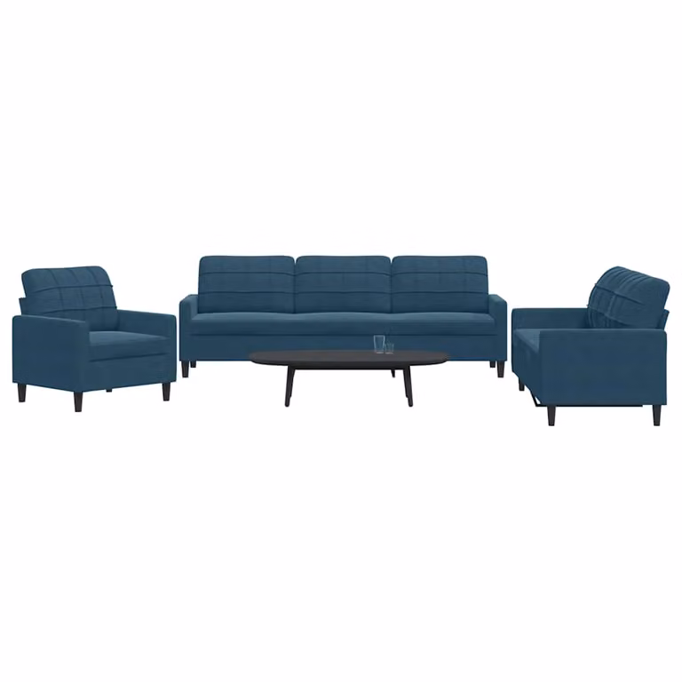Set di divani 3 pezzi vidaXL in velluto blu con cuscini e struttura in metallo per soggiorno