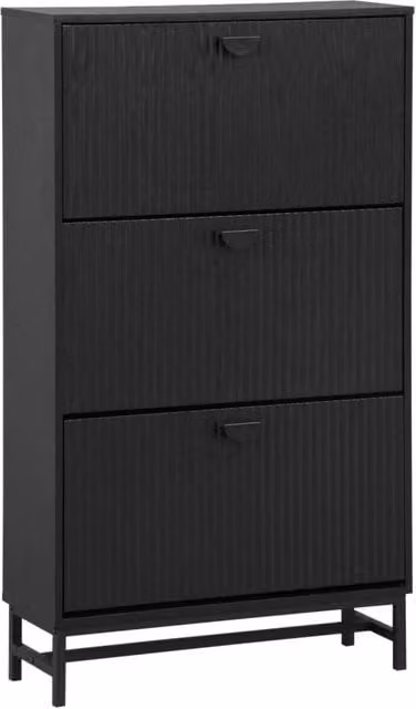 Scarpiera moderna Sweeek con 3 ante e decoro a righe, nero opaco, L: 75 cm, P: 25 cm, H: 131 cm