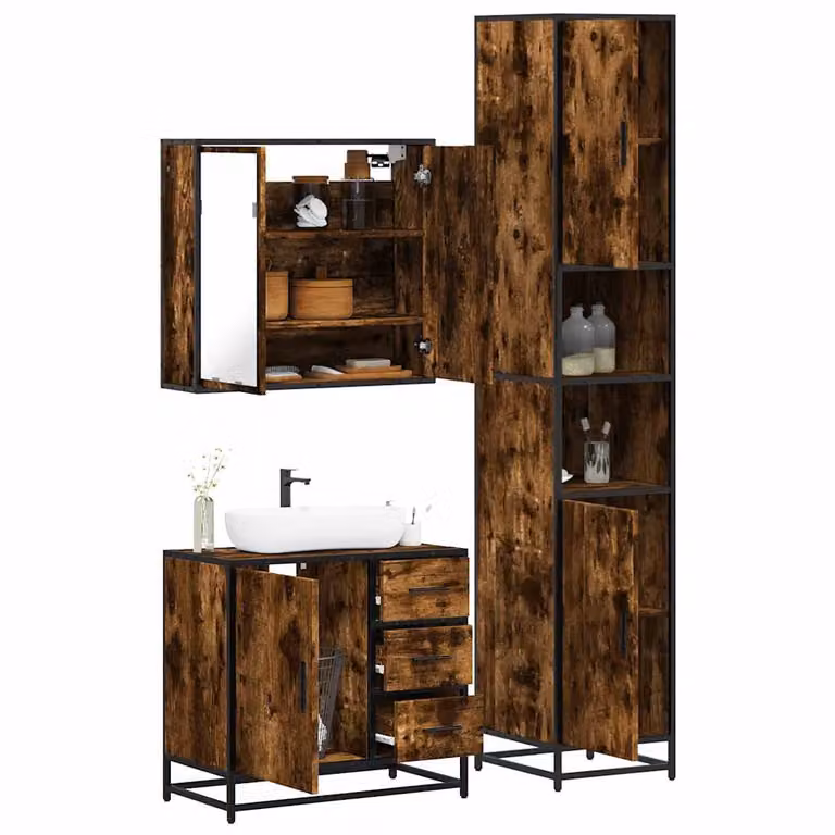 Set di mobili da bagno industrial vidaXL in legno e metallo color marrone composto da mobile lavabo, armadietto alto e pensile con specchio e illuminazione LED
