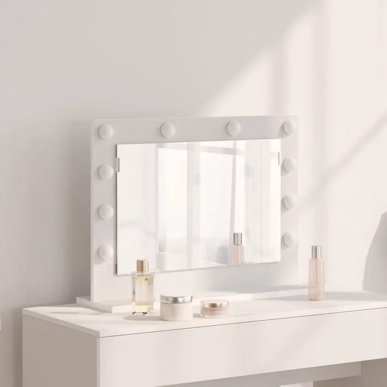 Specchio da vanità vidaXL bianco con luce LED e ricarica USB, design moderno rettangolare, L: 60 cm, P: 45 cm, H: 18 cm
