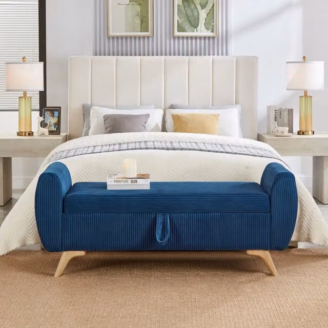 Panca contenitore Minimal in corda blu con gambe in legno per soggiorno, camera da letto o ingresso, L: 150 cm, P: 51 cm, H: 57 cm