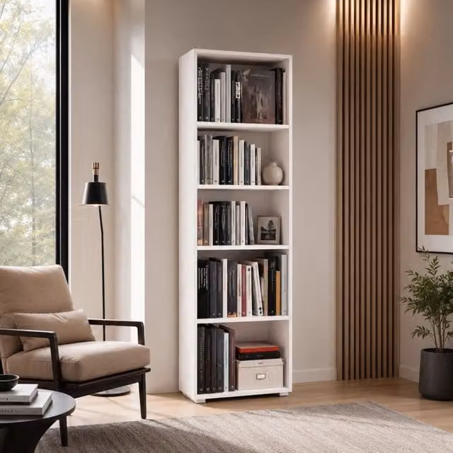 Libreria Verticale Bianca THE WHITE STONE con Ripiani Regolabili e Pannello Posteriore, Mobile Moderno in MDF per Soggiorno, Ufficio o Camera da Letto, L: 60 cm, P: 30 cm, H: 195 cm