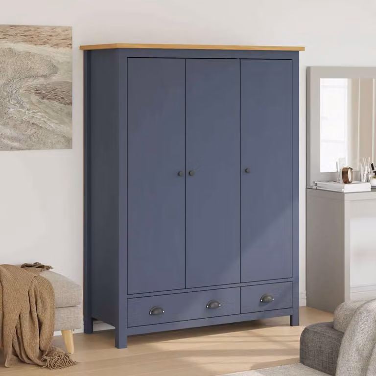 Armadio a 3 Ante Hill vidaXL in Legno di Pino, Colore Mix (Grigio, Marrone, Blu), L: 127 cm, P: 50 cm, H: 170 cm