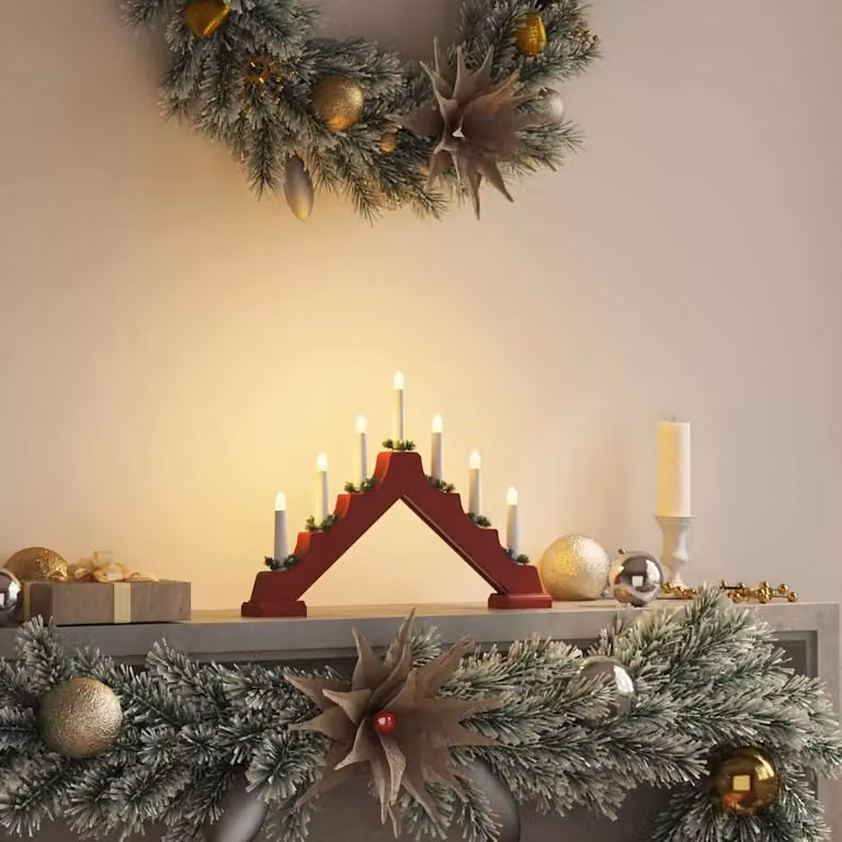Ponte di Natale con 7 LED e Candele di tipo Taper vidaXL, Rosso, L 39.5 cm x P 5 cm x H 29 cm