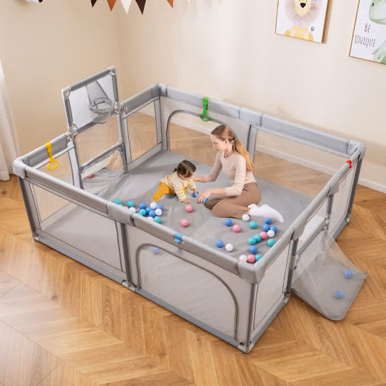 Recinto da gioco Costway per bambini con porta a cerniera, rete traspirante e canestro da basket, Grigio