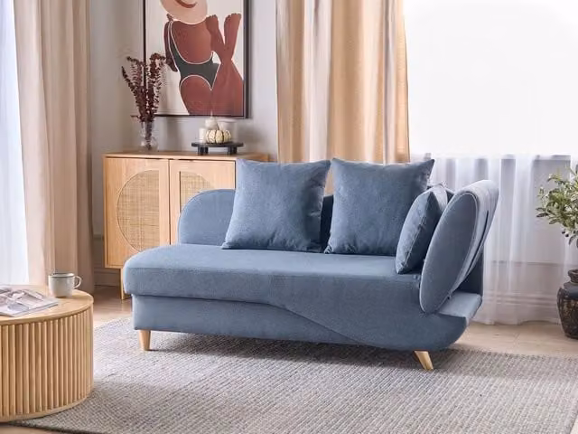 Chaise Longue BELIANI in tessuto blu con contenitore e funzione letto, design moderno per soggiorno, lato destro, L/P/H: 235 x 155 x 69 cm