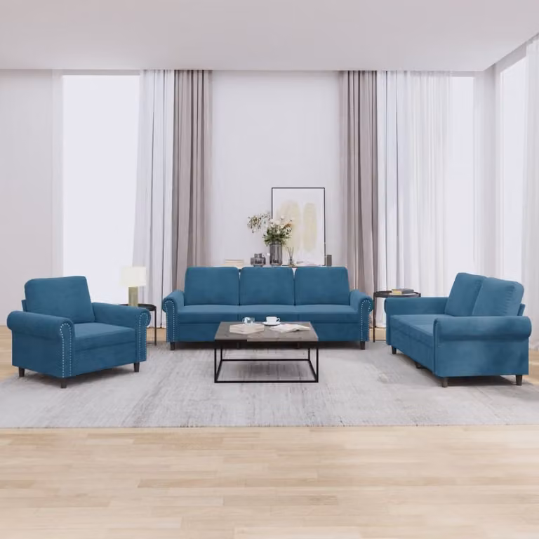 Set di divani 3 pezzi vidaXL in velluto blu con cuscini per soggiorno moderno