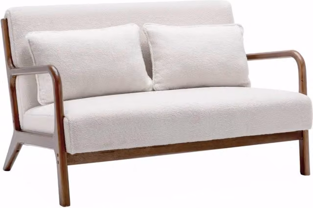 Divano SWEEEK in tessuto bouclé bianco con gambe in legno in stile scandinavo L: 124 cm, P: 83 cm, H: 77 cm