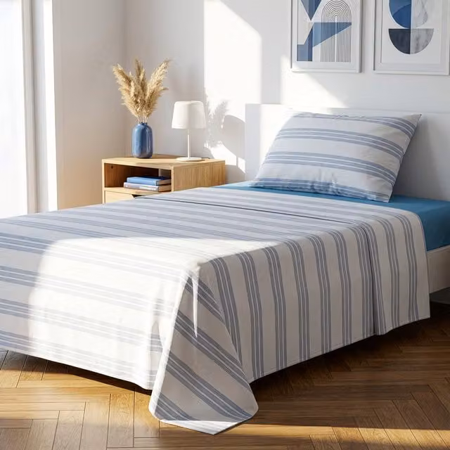 Completo letto KASANOVA in cotone a righe blu per adulti, include lenzuolo piano, lenzuolo con angoli e federa, dimensioni 120x200 cm