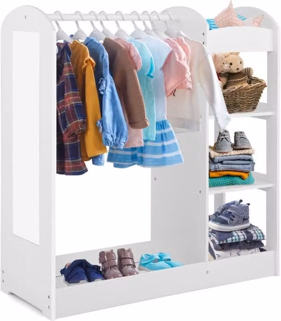 Armadio per bambini Design Mania Bianco con specchio, appendiabiti e scaffali, L/P/H: 76 x 38 x 93,5 cm