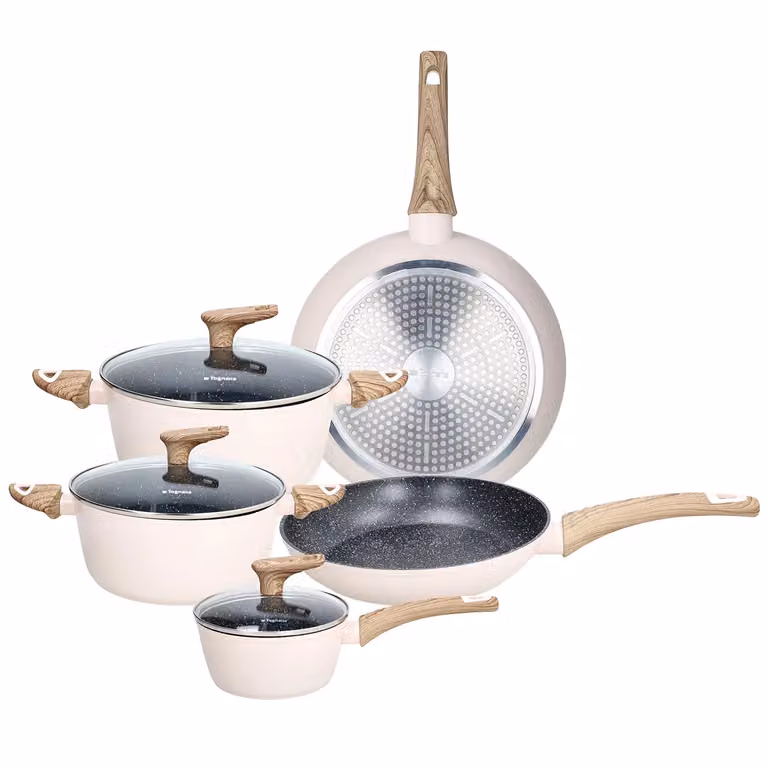 Set di pentole e padelle Tognana Linea Vanilla da 8 pezzi in alluminio con rivestimento antiaderente e coperchi in vetro, colore beige