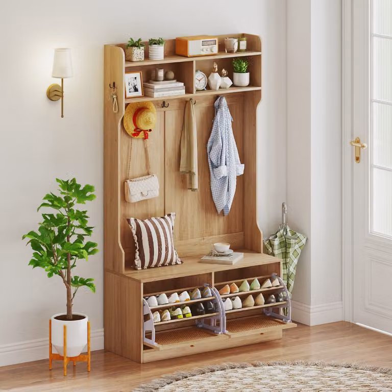 Costway Attaccapanni 4-in-1 con Panchina e Cassetti a Ribalta per Ingresso, Colore Marrone Naturale in Rattan PE