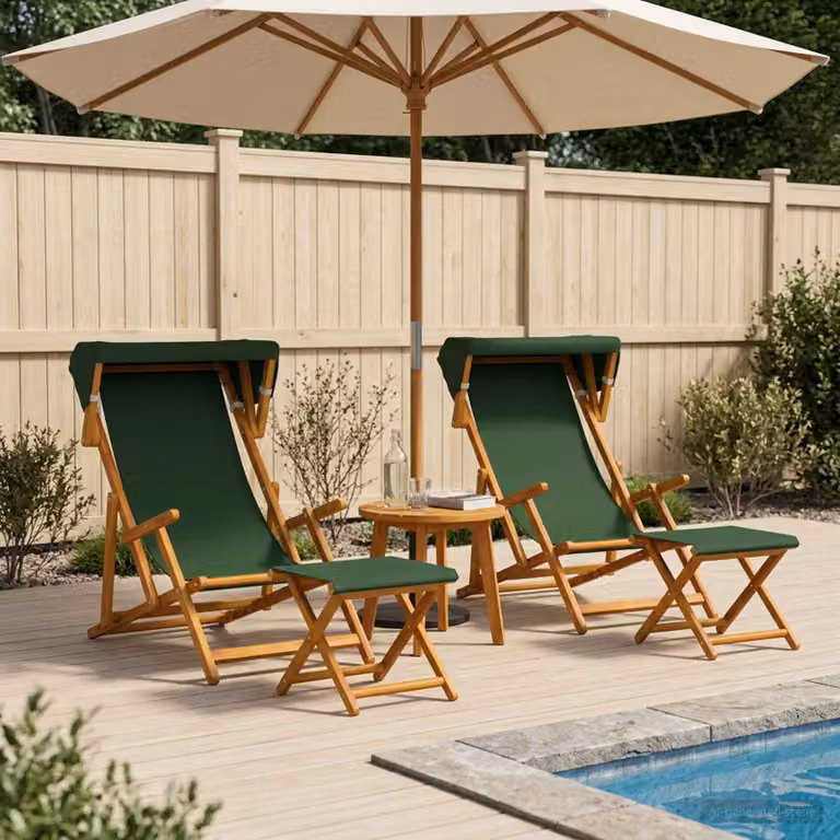 Set di 4 lettini prendisole vidaXL in legno di eucalipto massello con schienale regolabile in 3 posizioni e tessuto verde per giardino e terrazzo