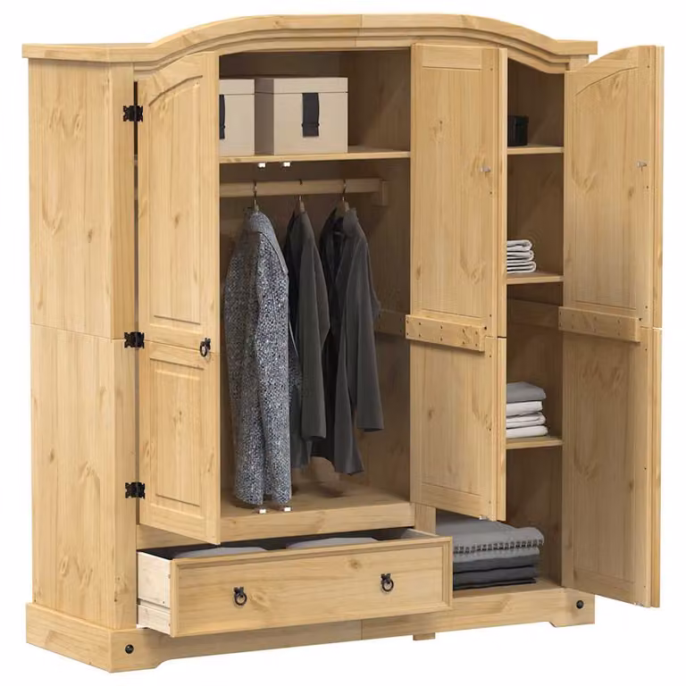 Armadio Corona vidaXL in legno massello di pino, stile rustico, colore marrone, con cassetti integrati e ante a battente, L/P/H: 151,5 x 52 x 170 cm